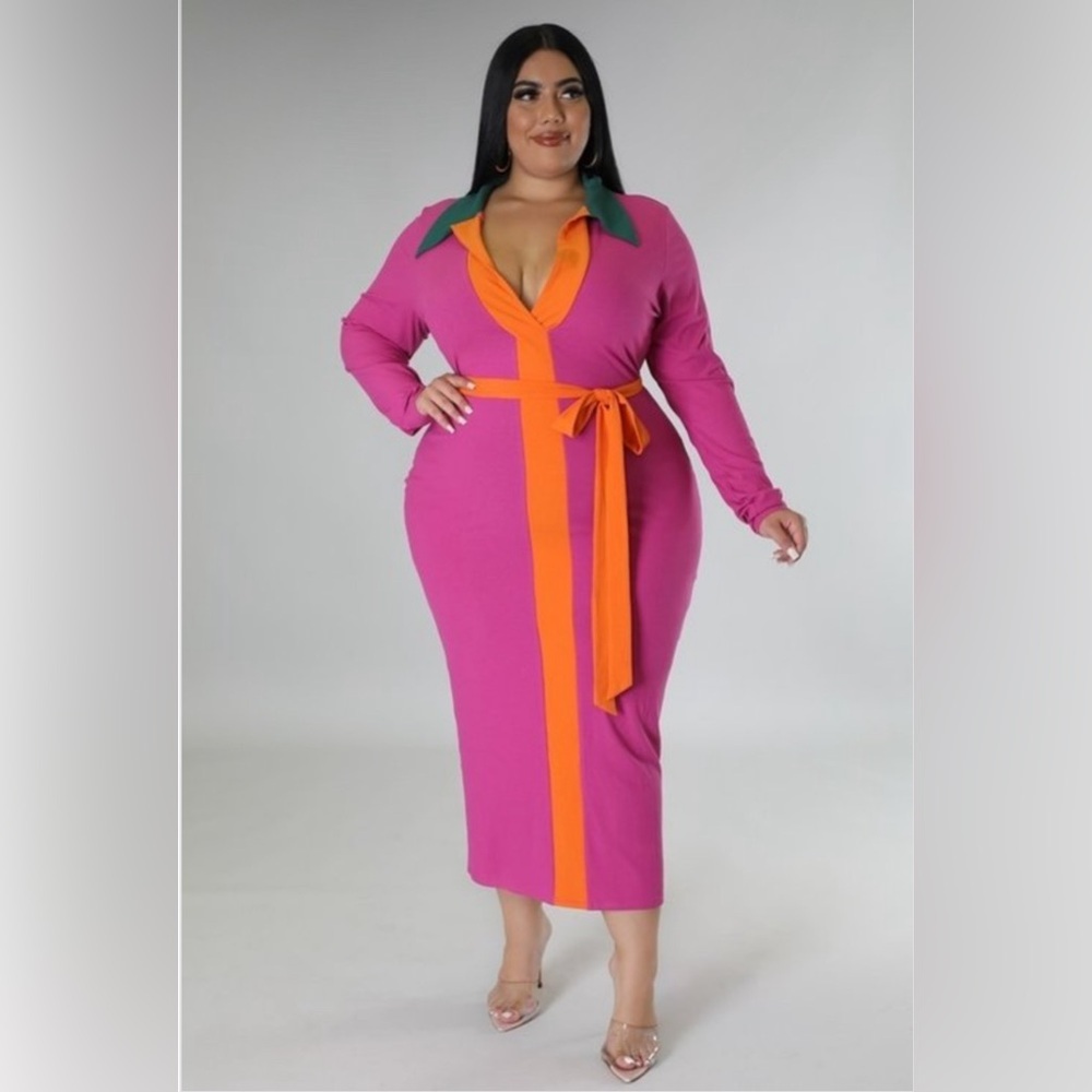 Women’s Plus Size Magenta Long Sleeve Collar Ribbed Maxi Dress